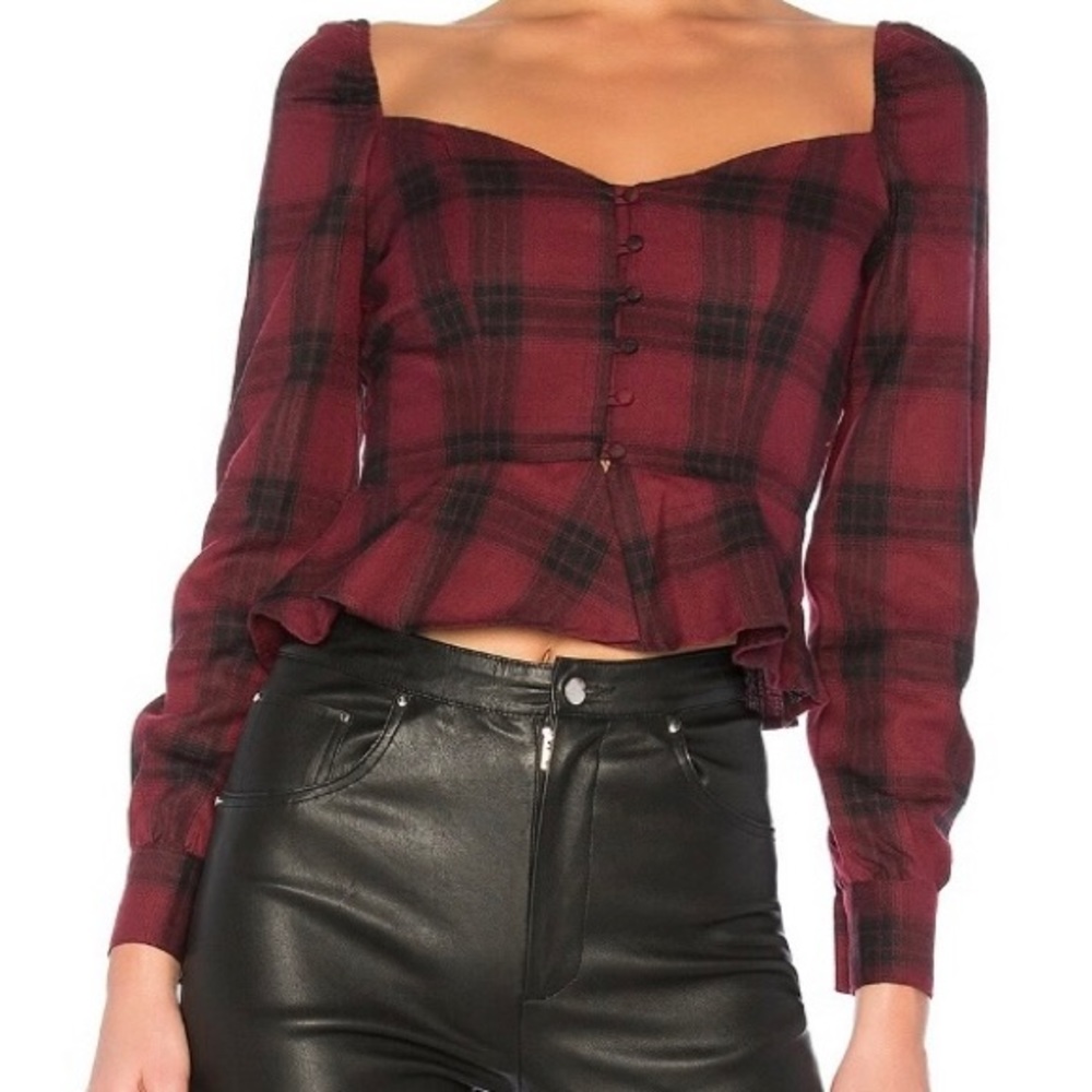 Revolve Superdown Burgundy Plaid Peplum Button Front Long Sleeve Top Size S NWT